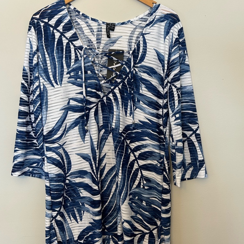 Women's Navy Leaf Tropical Lace-Up Swim Coverup Size Small